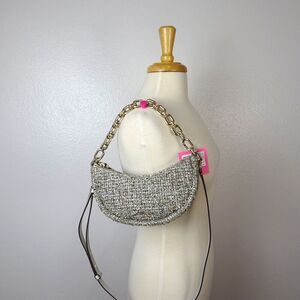KATE SPADE Smile Half Moon Crossbody Bag Small Metallic Tweed Silver Convertible